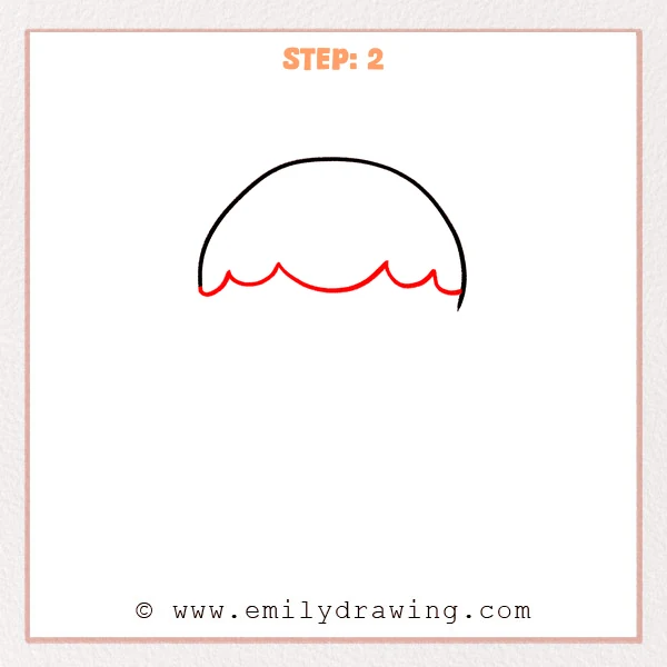 how to draw a hot air balloon - Step 2 of a hot air balloon drawing adds a scalloped wavy line along the lower edge of the balloon canopy, connecting to the sides.